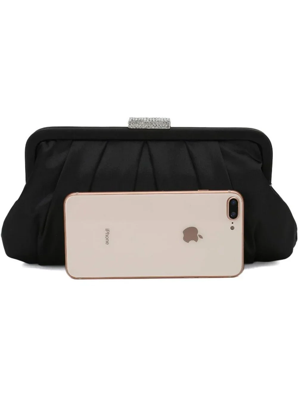 Women's Black Classic Pleated Satin Clutch Purse Diamante Formal Evening Bag